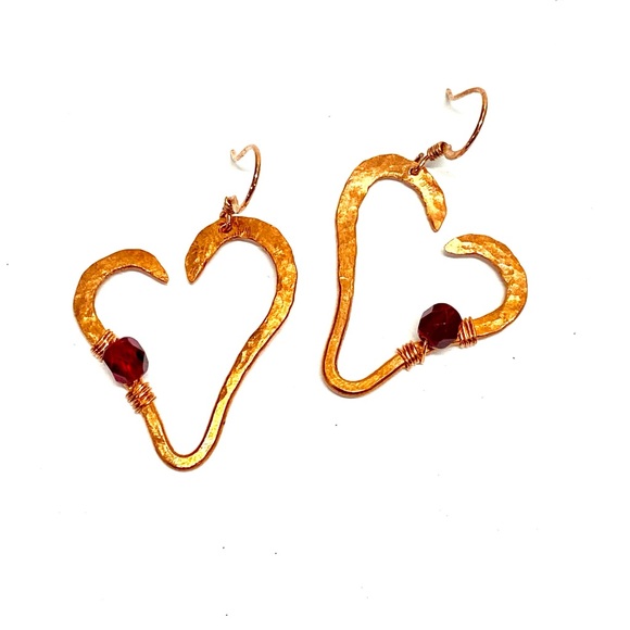 HANDCRAFTED Pure Copper Handwrapped and Hammered Statement Heart Dangle Earrings - Picture 2 of 10